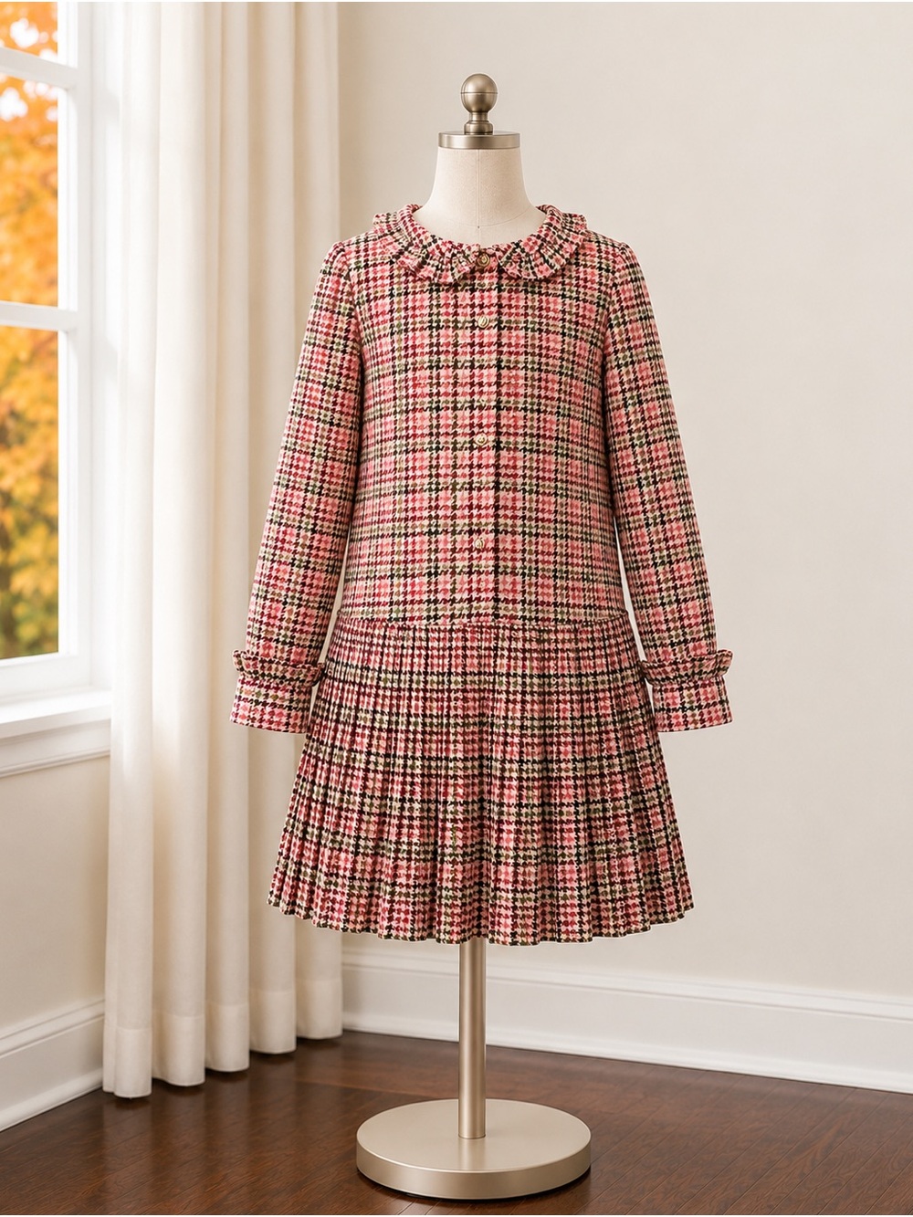 Mayoral Pink Plaid Pleated Dress with Peter Pan Collar